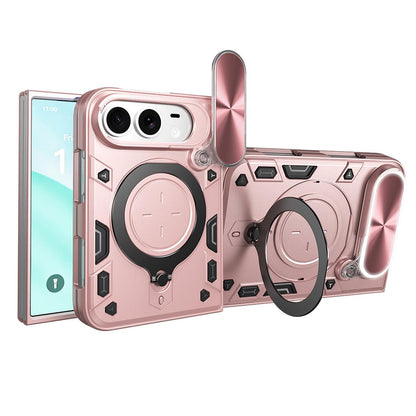 For iPhone Fold CD Texture Sliding Camshield Magnetic Holder Phone Case(Pink)