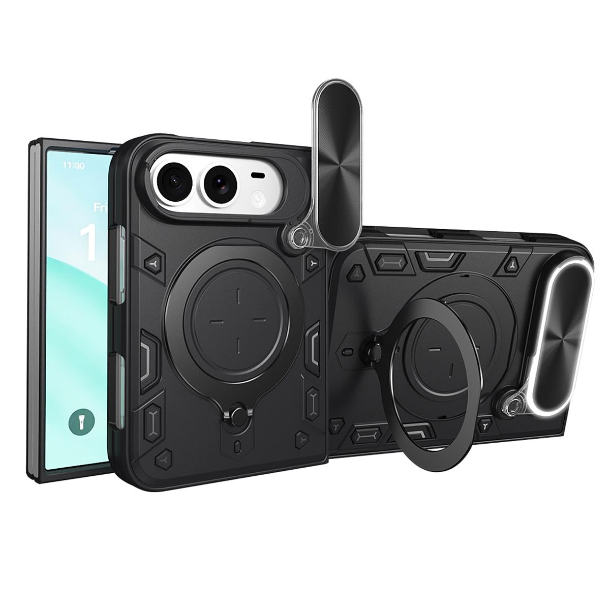 For iPhone Fold CD Texture Sliding Camshield Magnetic Holder Phone Case(Black)
