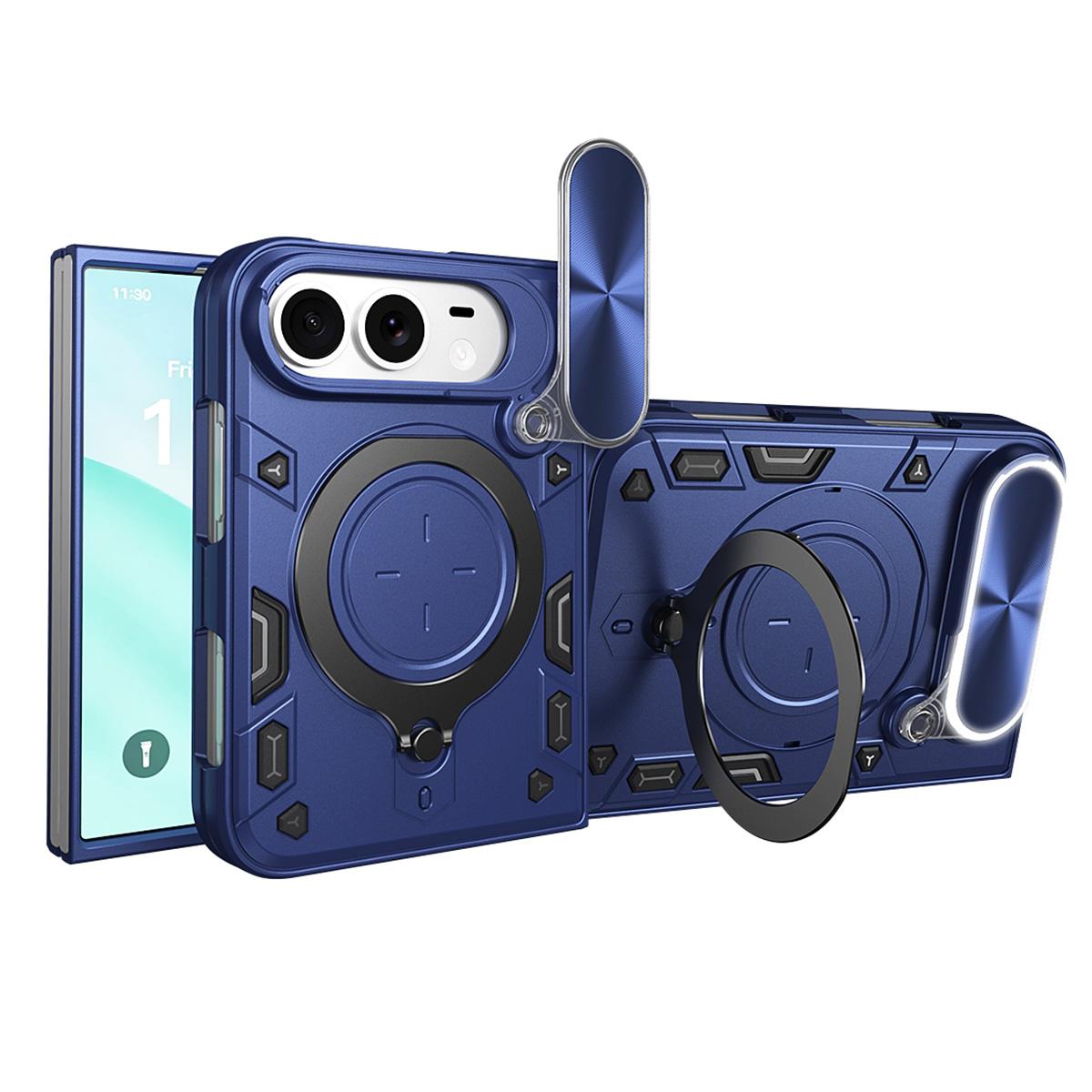 For iPhone Fold CD Texture Sliding Camshield Magnetic Holder Phone Case(Blue)