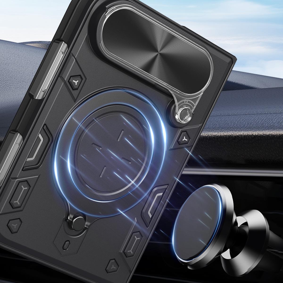 For iPhone Fold CD Texture Sliding Camshield Magnetic Holder Phone Case(Blue)