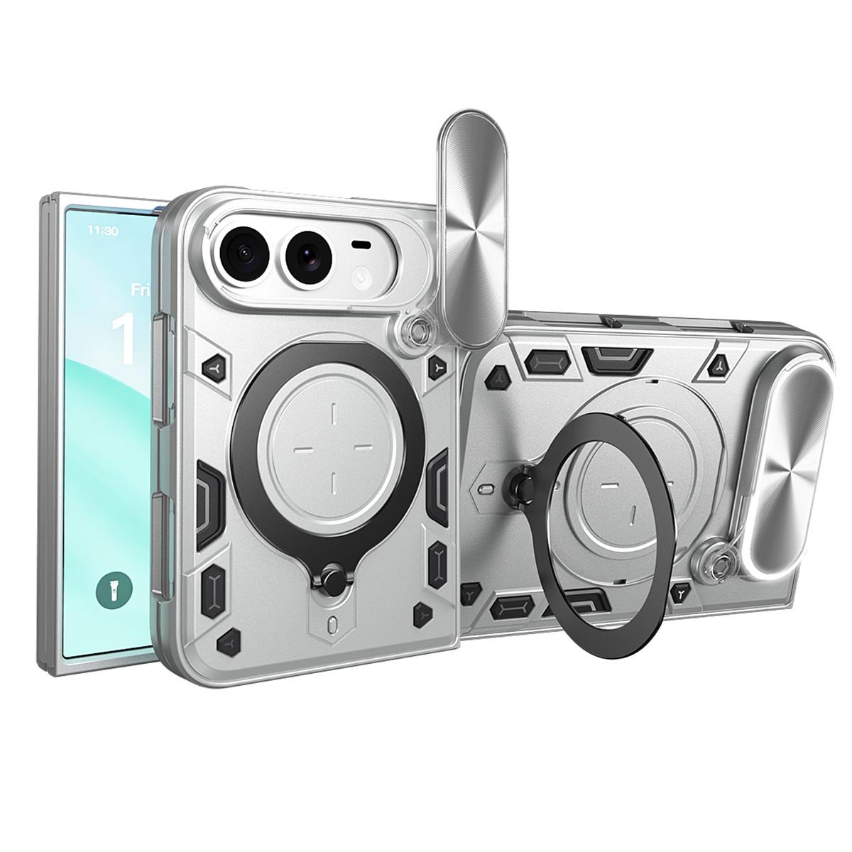 For iPhone Fold CD Texture Sliding Camshield Magnetic Holder Phone Case(Silver)