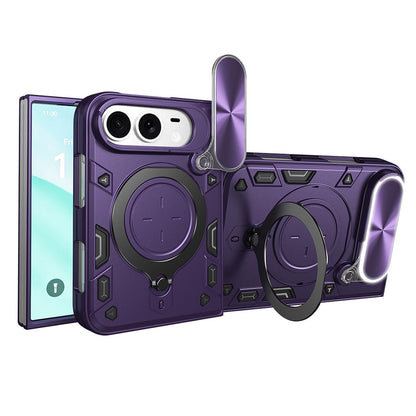 For iPhone Fold CD Texture Sliding Camshield Magnetic Holder Phone Case(Purple)