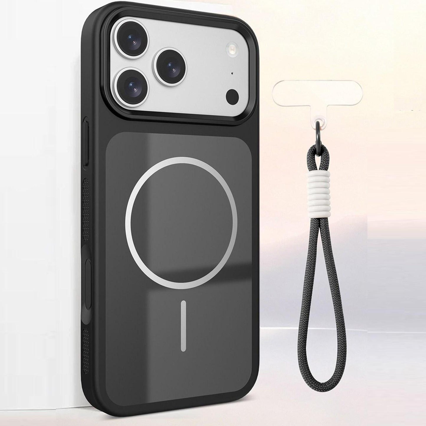For iPhone 17 Pro Color Contrast Magnetic Phone Case with Wrist Strap(Black)
