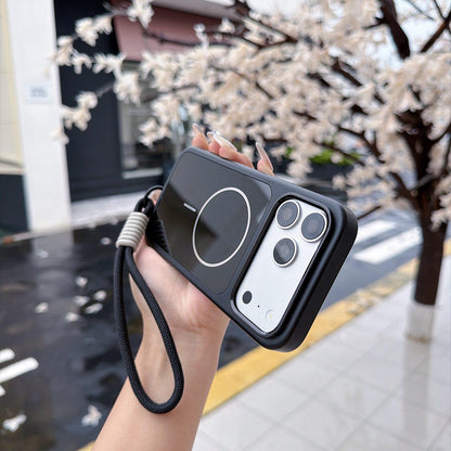 For iPhone 17 Pro Color Contrast Magnetic Phone Case with Wrist Strap(Black)