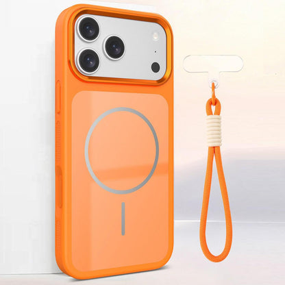 For iPhone 17 Pro Color Contrast Magnetic Phone Case with Wrist Strap(Orange)