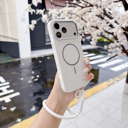 For iPhone 17 Pro Max Color Contrast Magnetic Phone Case with Wrist Strap(White)