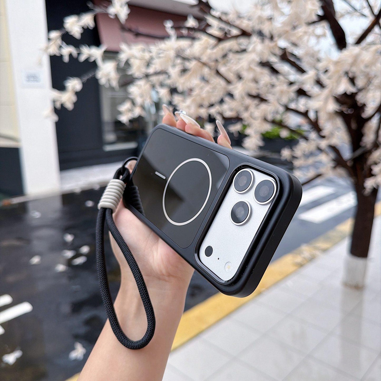 For iPhone 17 Pro Max Color Contrast Magnetic Phone Case with Wrist Strap(Black)