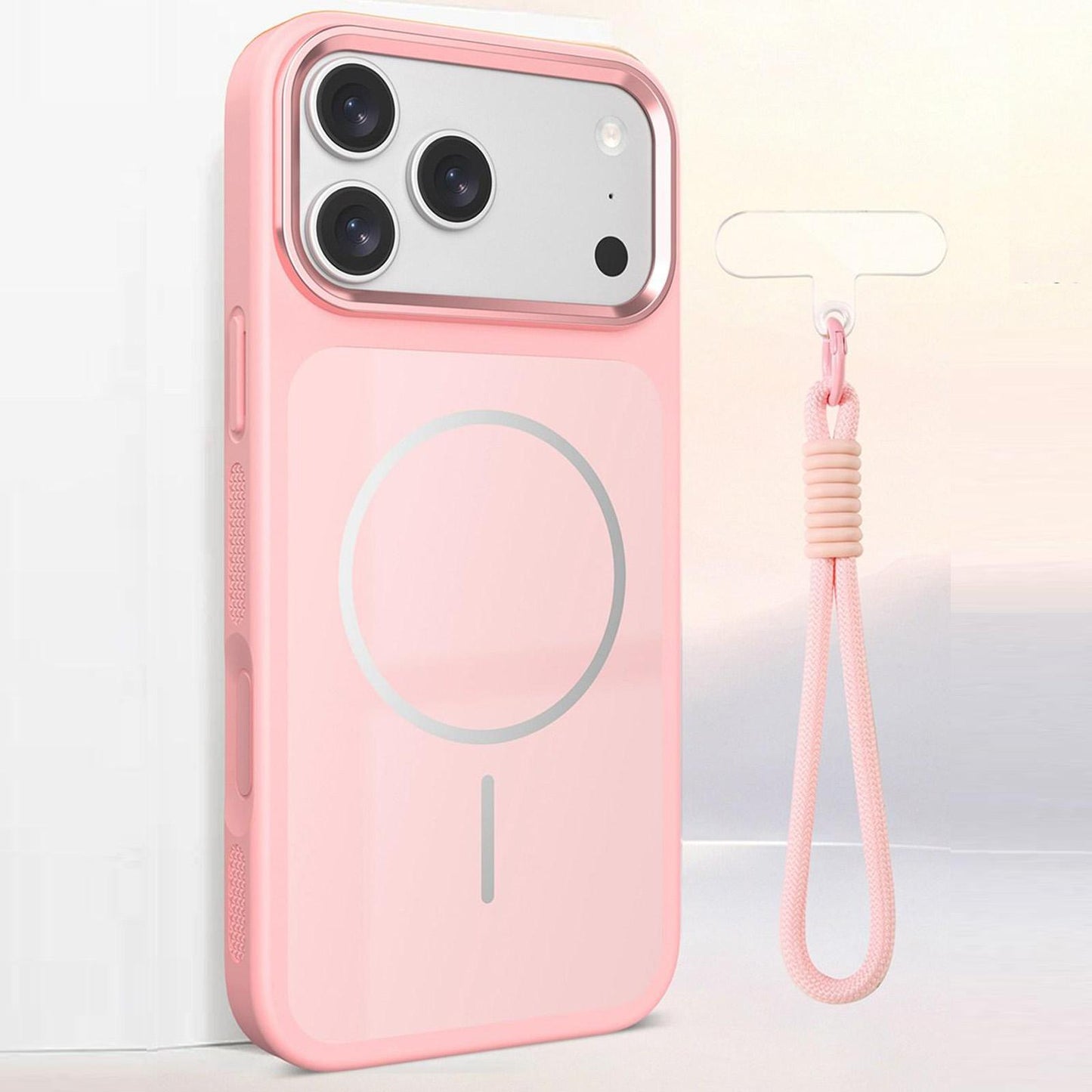 For iPhone 17 Pro Max Color Contrast Magnetic Phone Case with Wrist Strap(Pink)