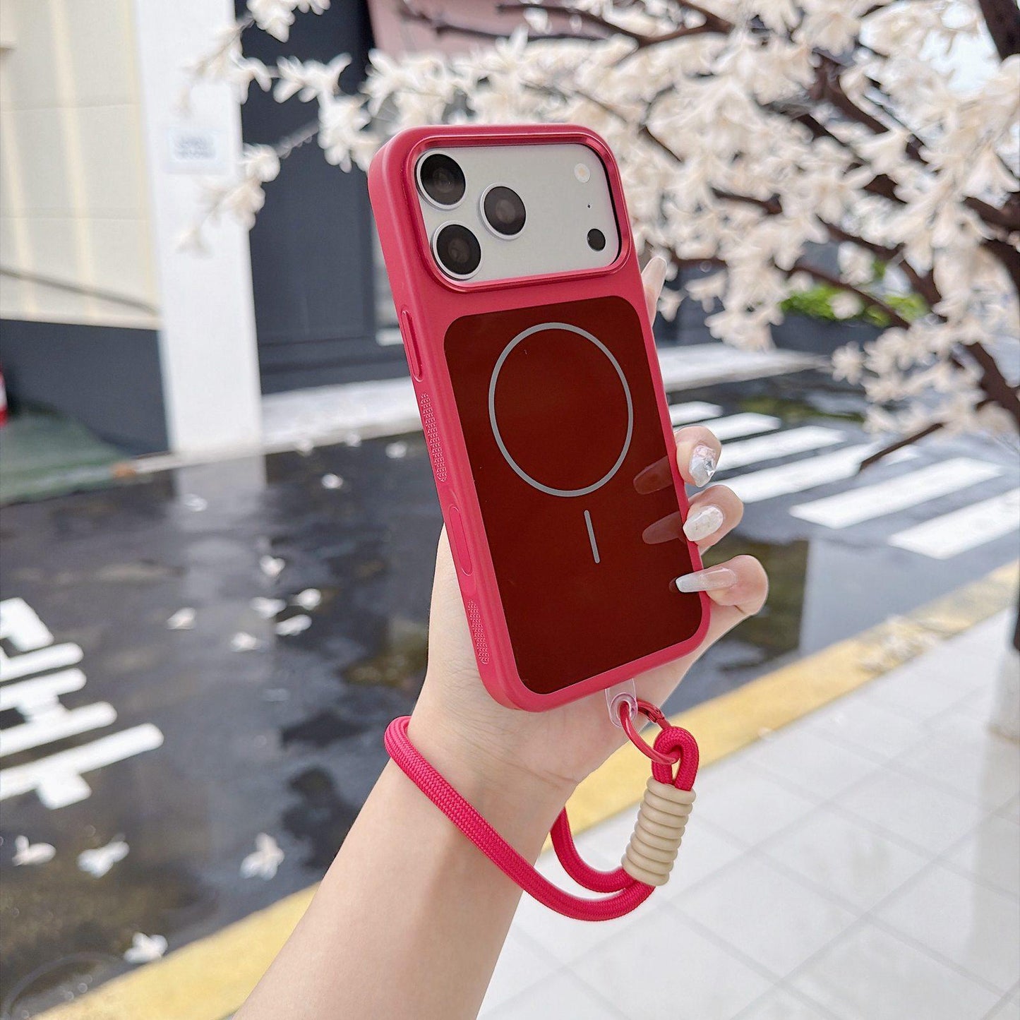 For iPhone 17 Pro Max Color Contrast Magnetic Phone Case with Wrist Strap(Red)