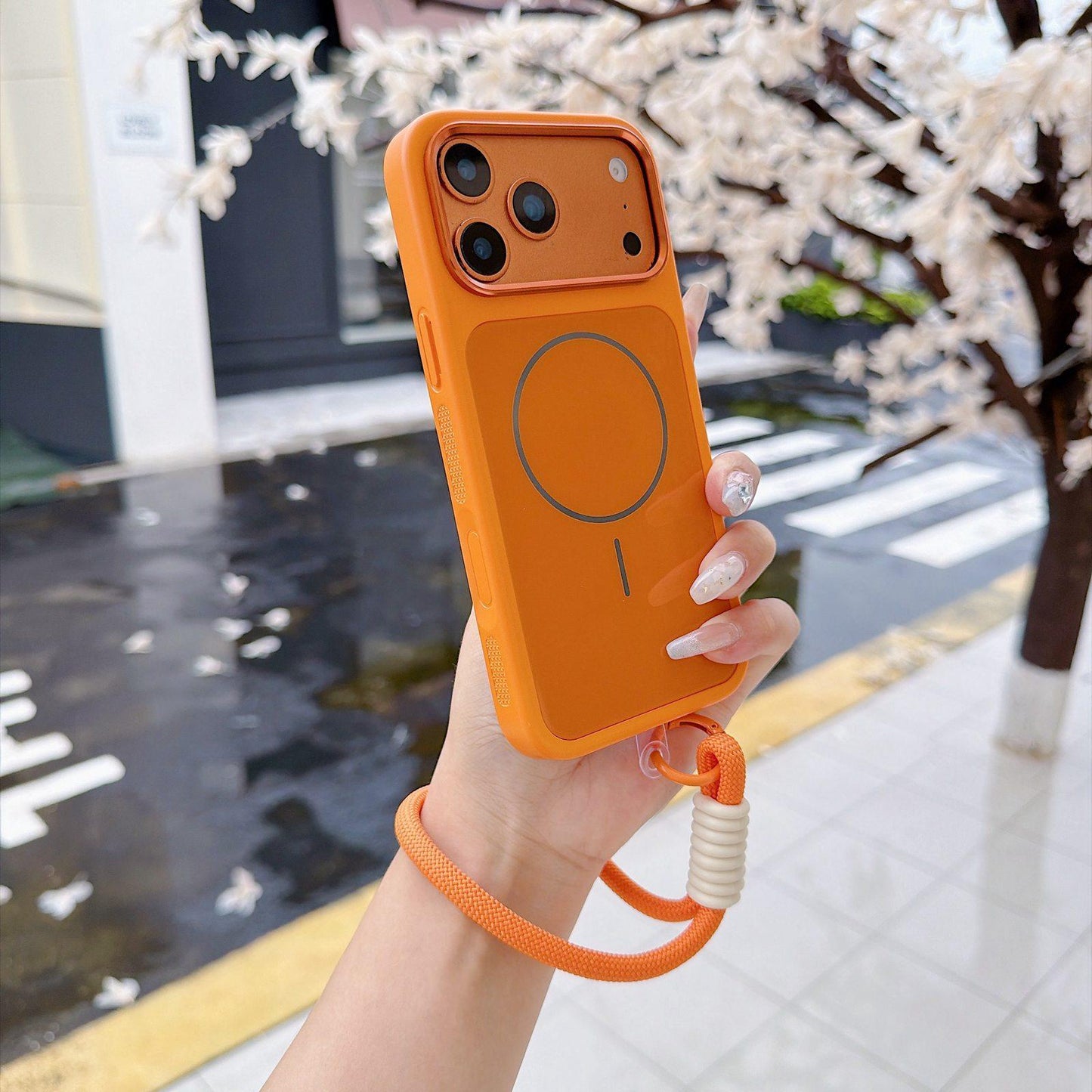 For iPhone 17 Pro Max Color Contrast Magnetic Phone Case with Wrist Strap(Orange)