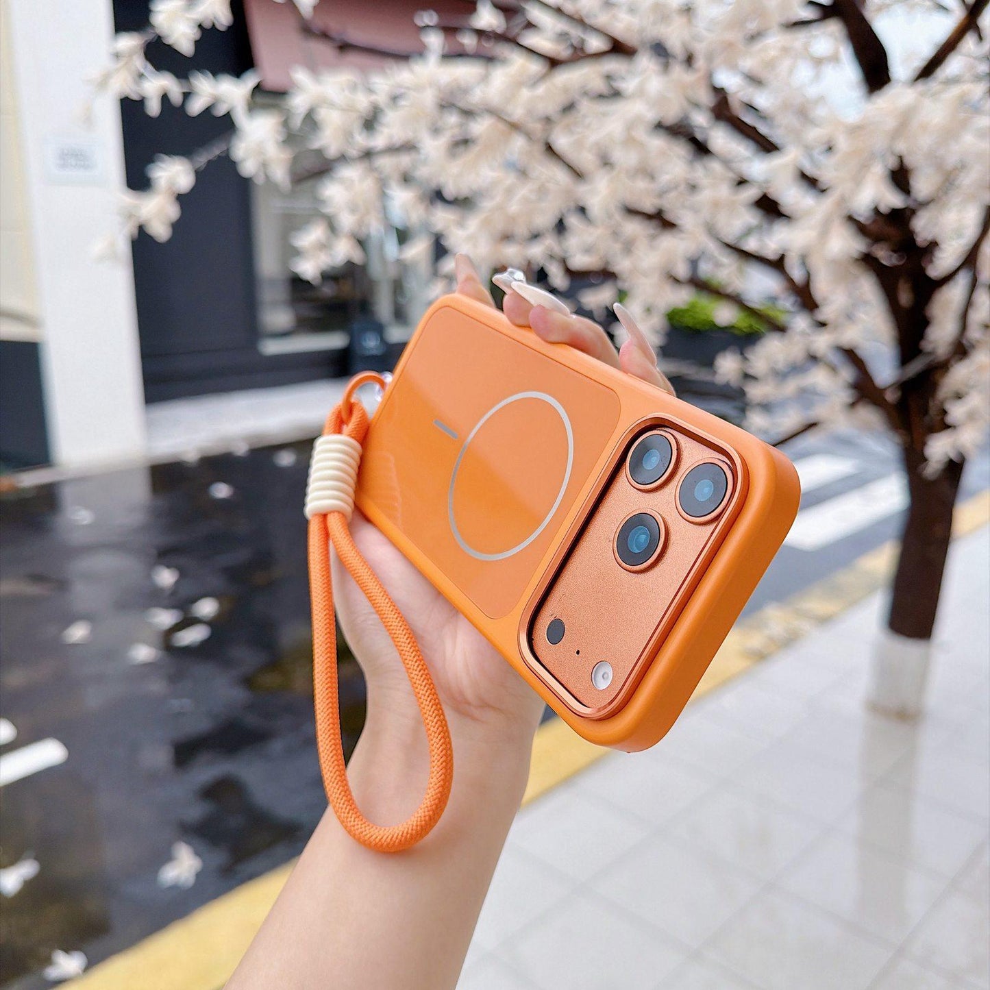 For iPhone 17 Pro Max Color Contrast Magnetic Phone Case with Wrist Strap(Orange)