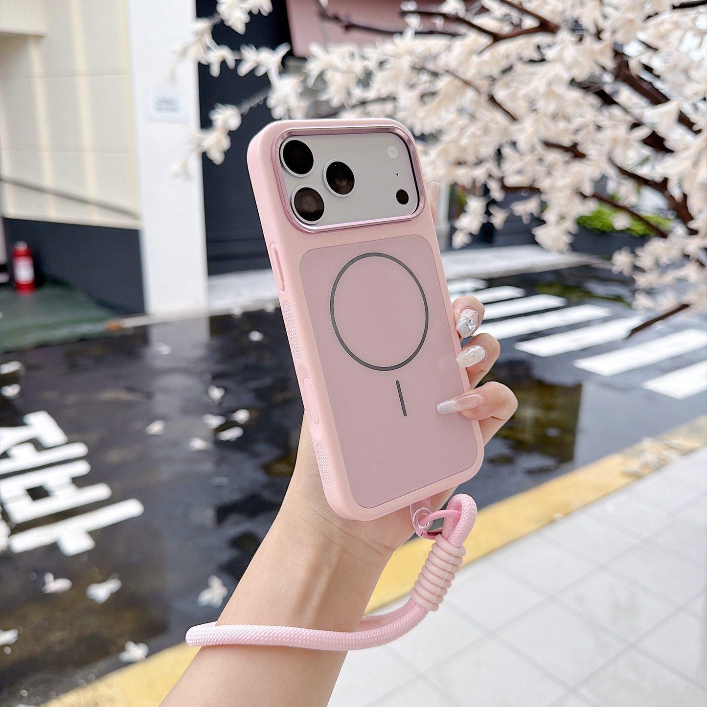 For iPhone 18 Pro Max Color Contrast Magnetic Phone Case with Wrist Strap(Pink)