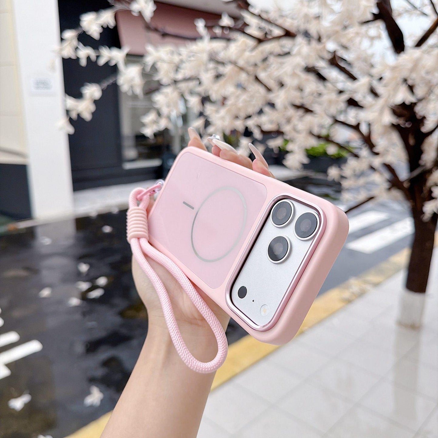 For iPhone 18 Pro Max Color Contrast Magnetic Phone Case with Wrist Strap(Pink)