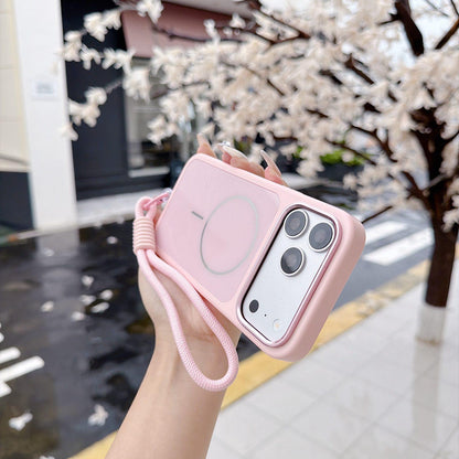 For iPhone 18 Pro Max Color Contrast Magnetic Phone Case with Wrist Strap(Pink)