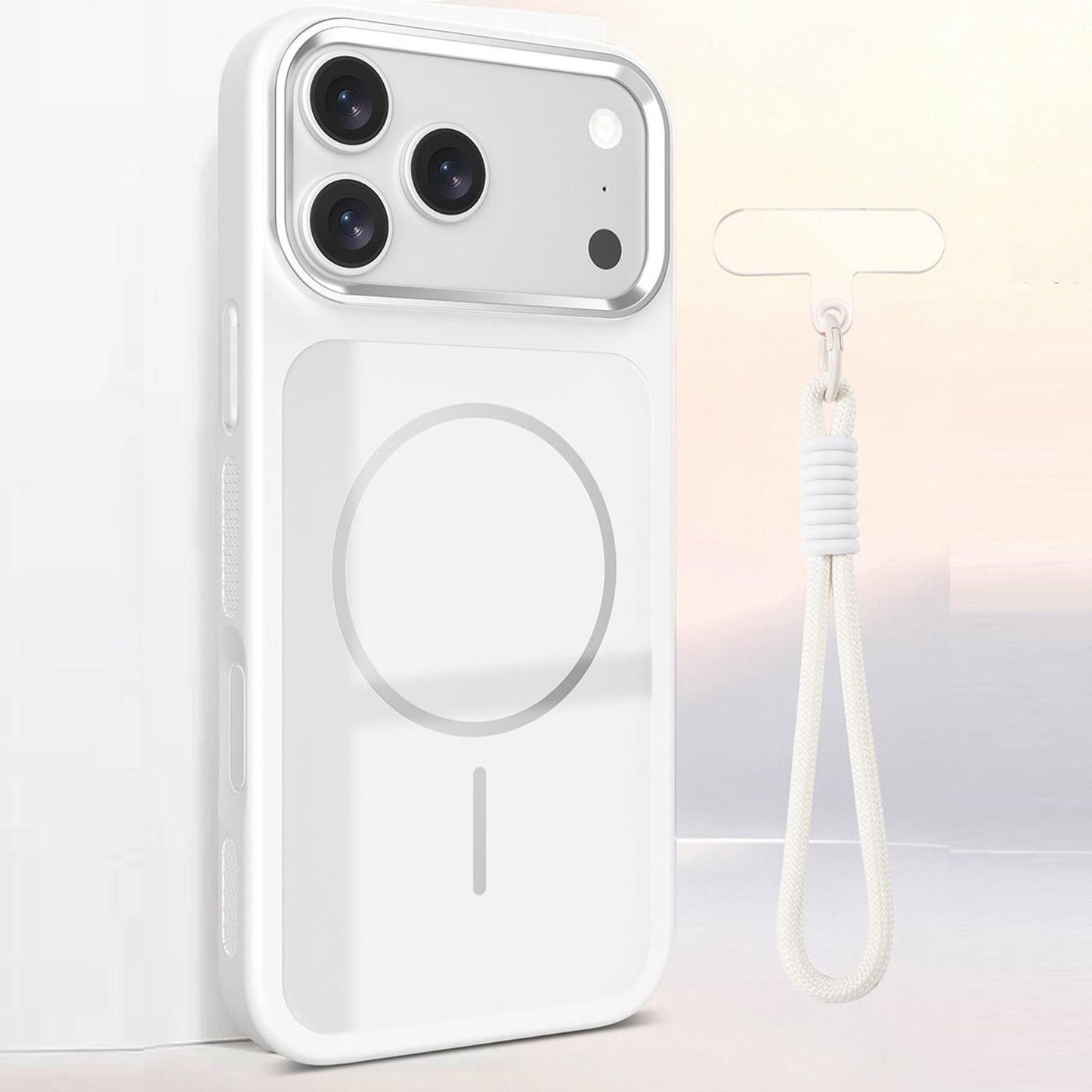 For iPhone 18 Pro Color Contrast Magnetic Phone Case with Wrist Strap(White)