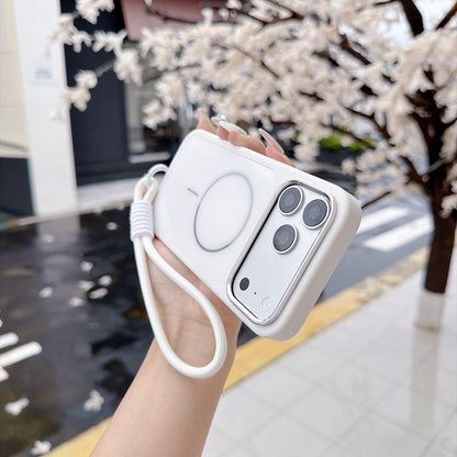 For iPhone 18 Pro Color Contrast Magnetic Phone Case with Wrist Strap(White)