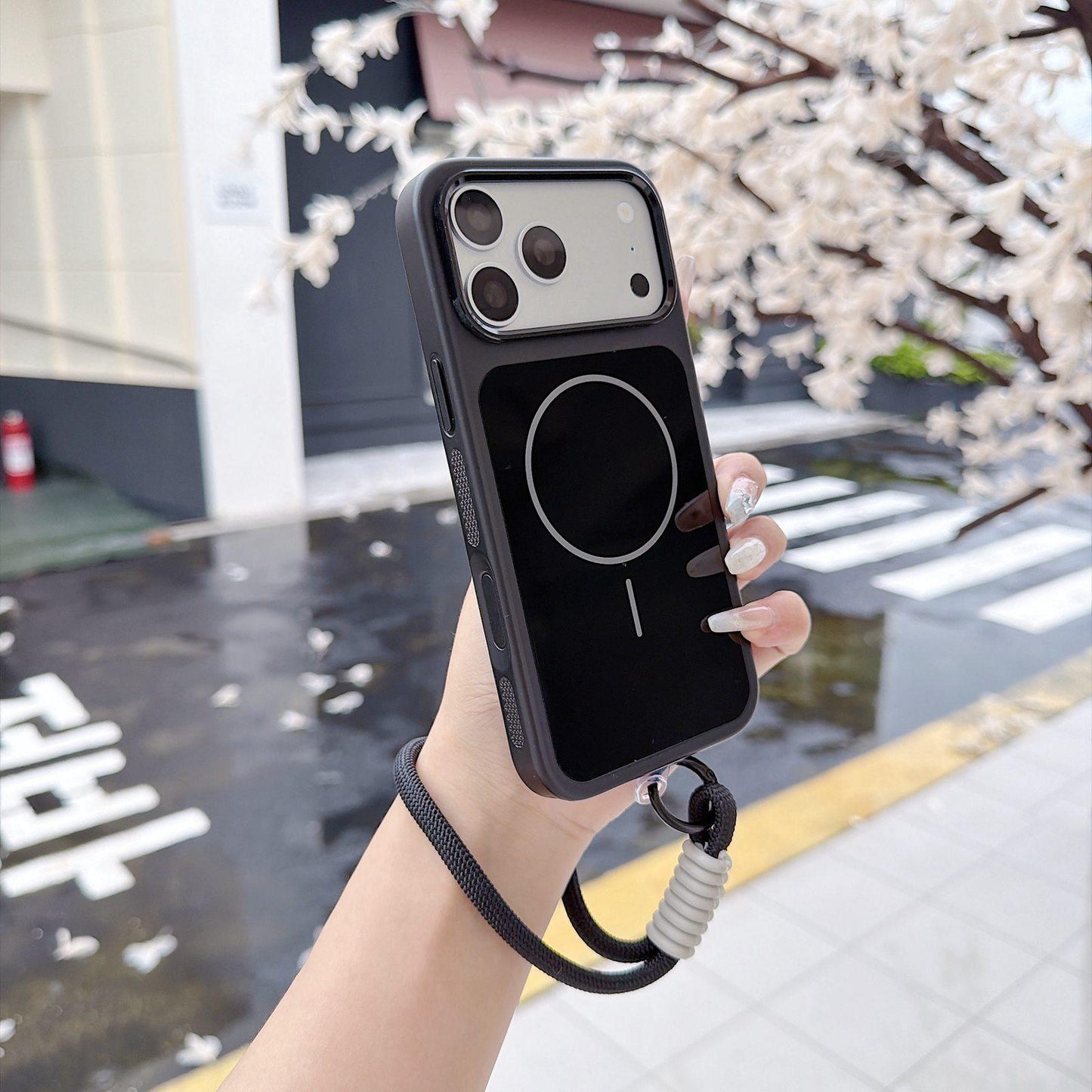 For iPhone 18 Pro Color Contrast Magnetic Phone Case with Wrist Strap(Black)