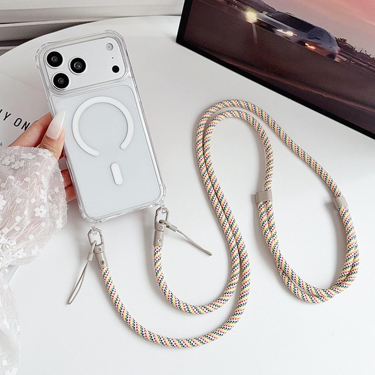 Acrylic + TPU Transparent Magnetic Phone Case with Lanyard For iPhone 17 Pro Max(Rainbow Multicolor)