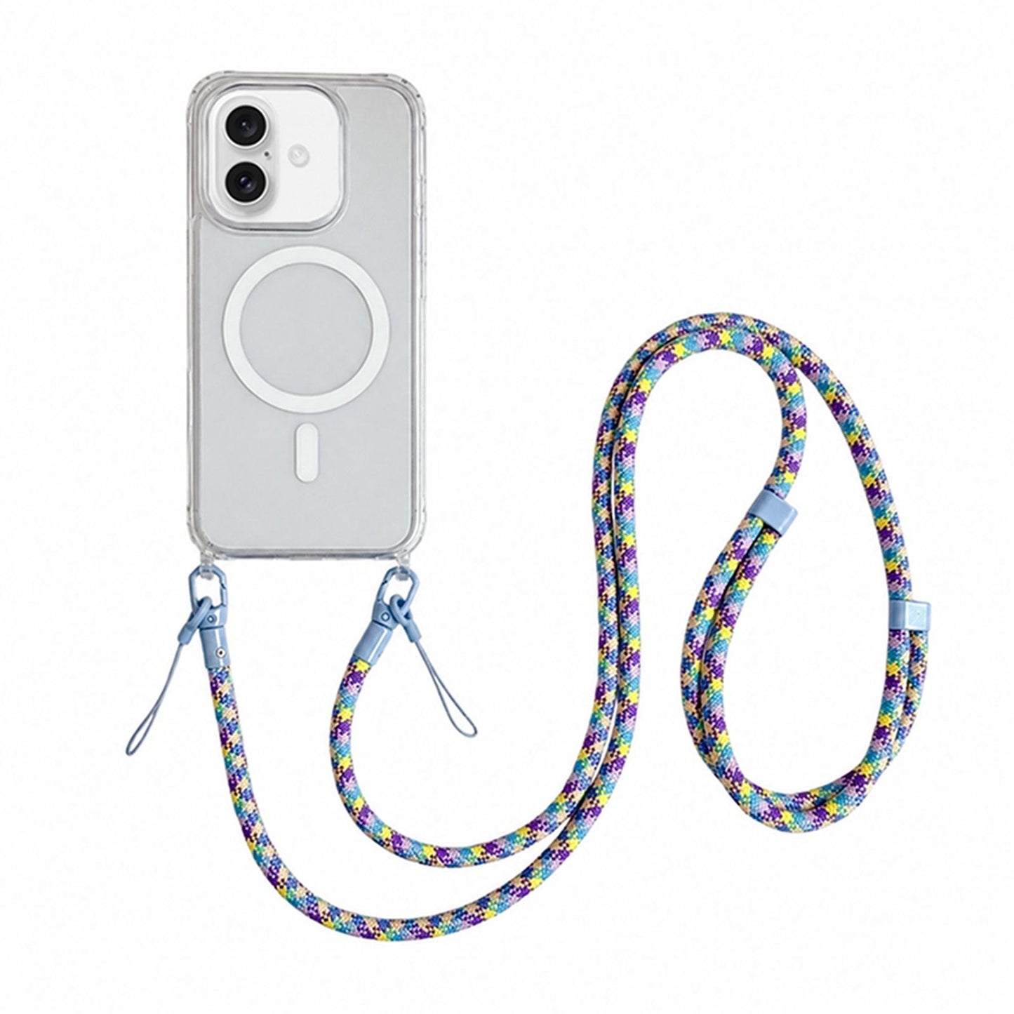 Acrylic + TPU Transparent Magnetic Phone Case with Lanyard For iPhone 16(Purple Blue Yellow)