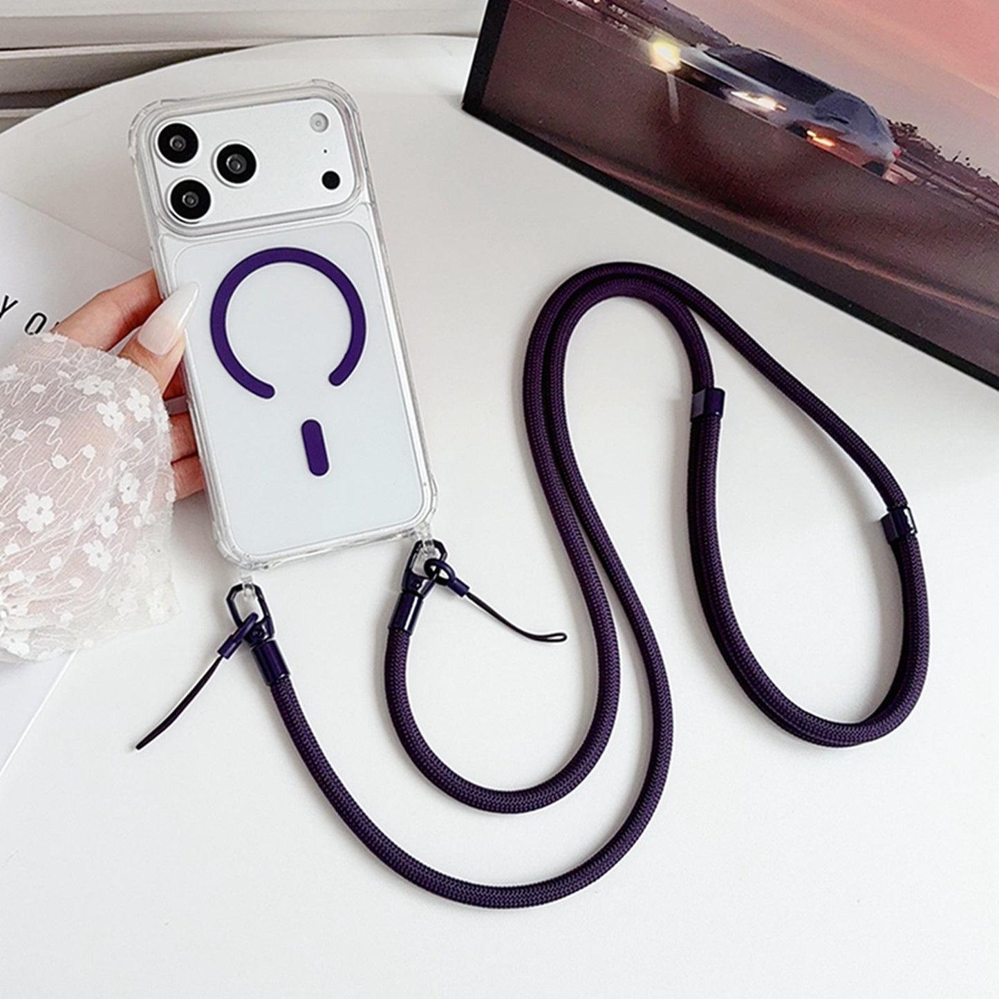 Acrylic + TPU Transparent Magnetic Phone Case with Lanyard For iPhone 15 Pro Max(Purple)