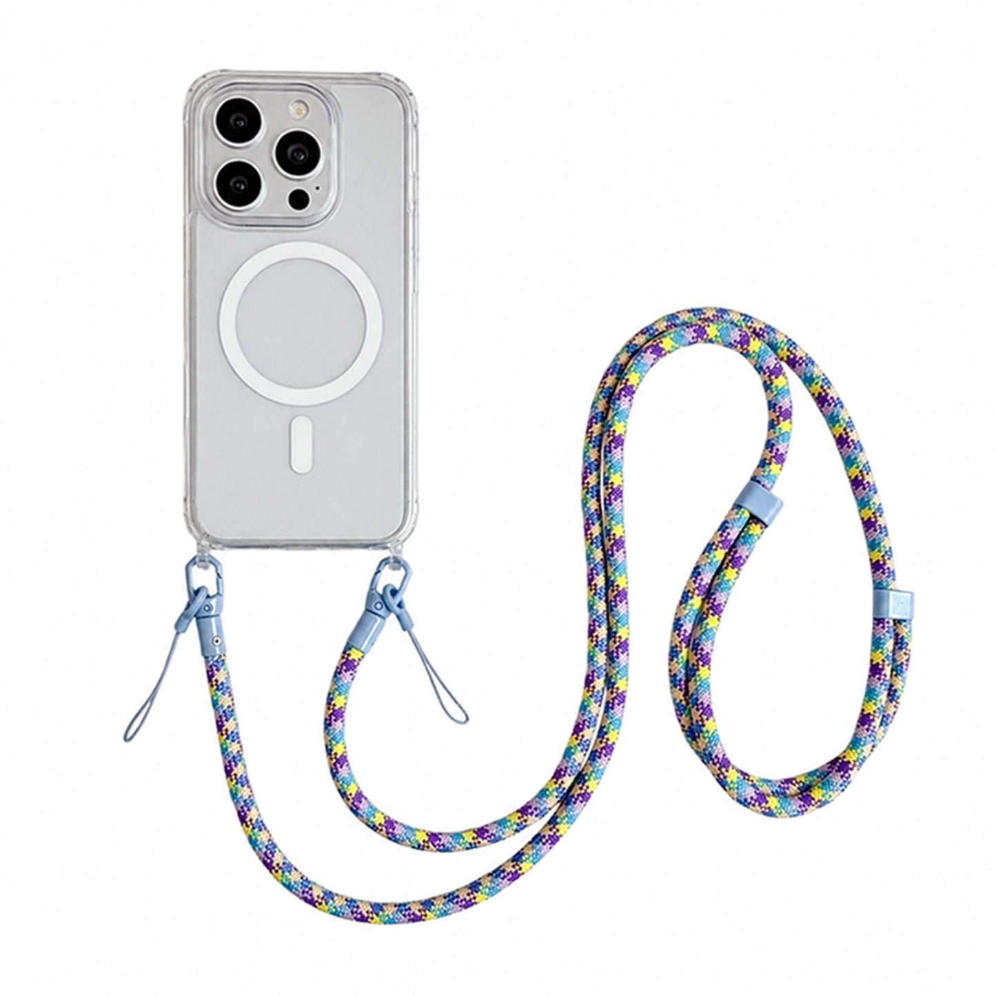 Acrylic + TPU Transparent Magnetic Phone Case with Lanyard For iPhone 15 Pro(Purple Blue Yellow)