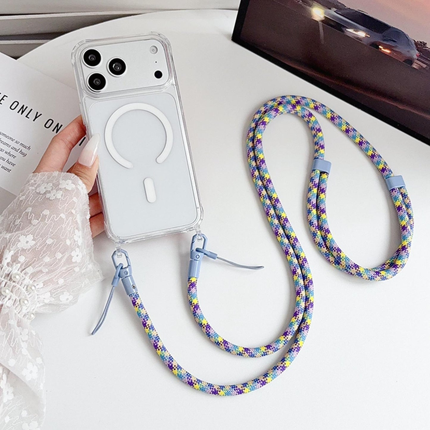 Acrylic + TPU Transparent Magnetic Phone Case with Lanyard For iPhone 15 Pro(Purple Blue Yellow)