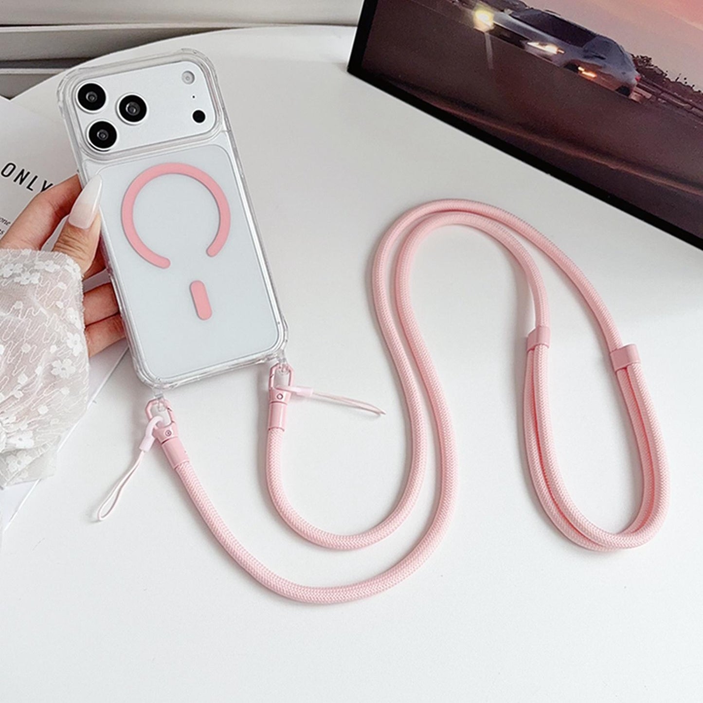 Acrylic + TPU Transparent Magnetic Phone Case with Lanyard For iPhone 15(Pink)