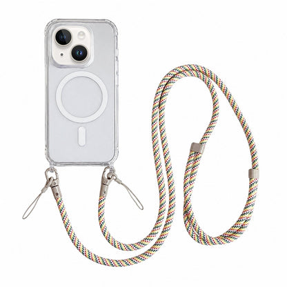 Acrylic + TPU Transparent Magnetic Phone Case with Lanyard For iPhone 15(Rainbow Multicolor)