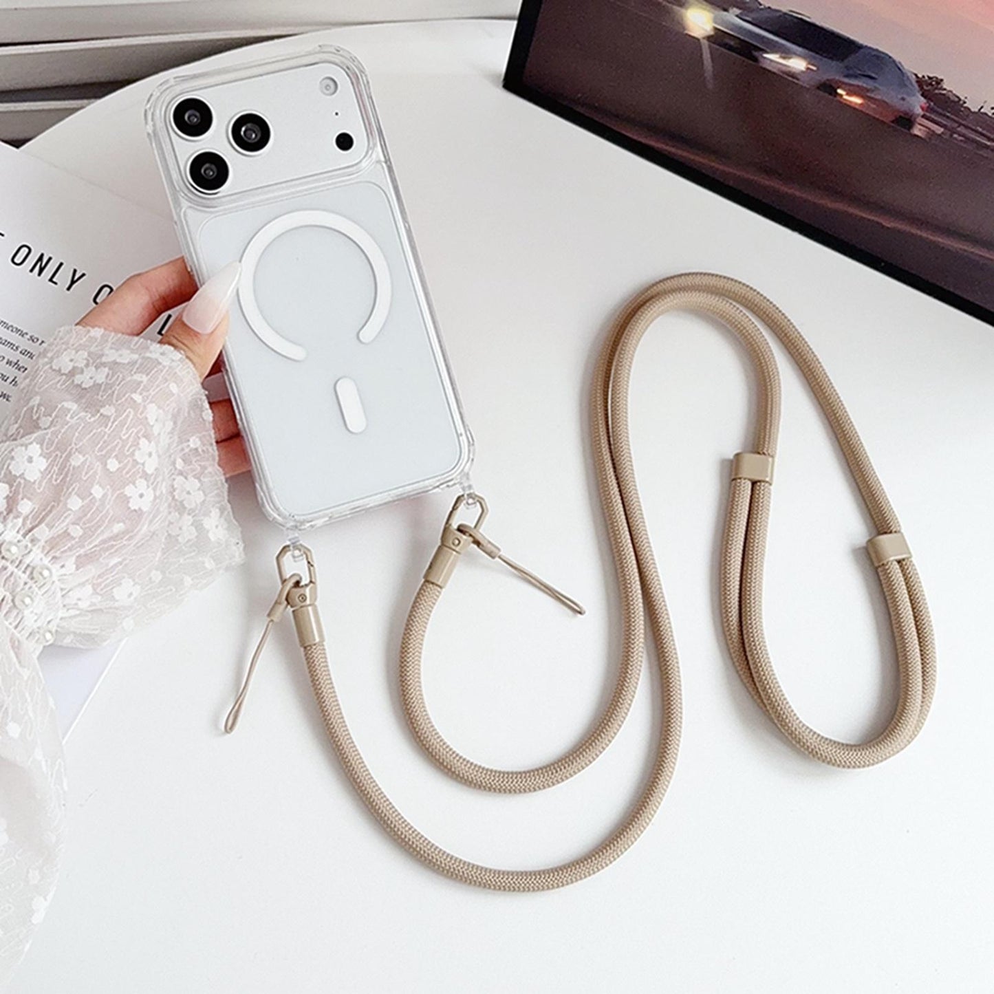 Acrylic + TPU Transparent Magnetic Phone Case with Lanyard For iPhone 15(Khaki)