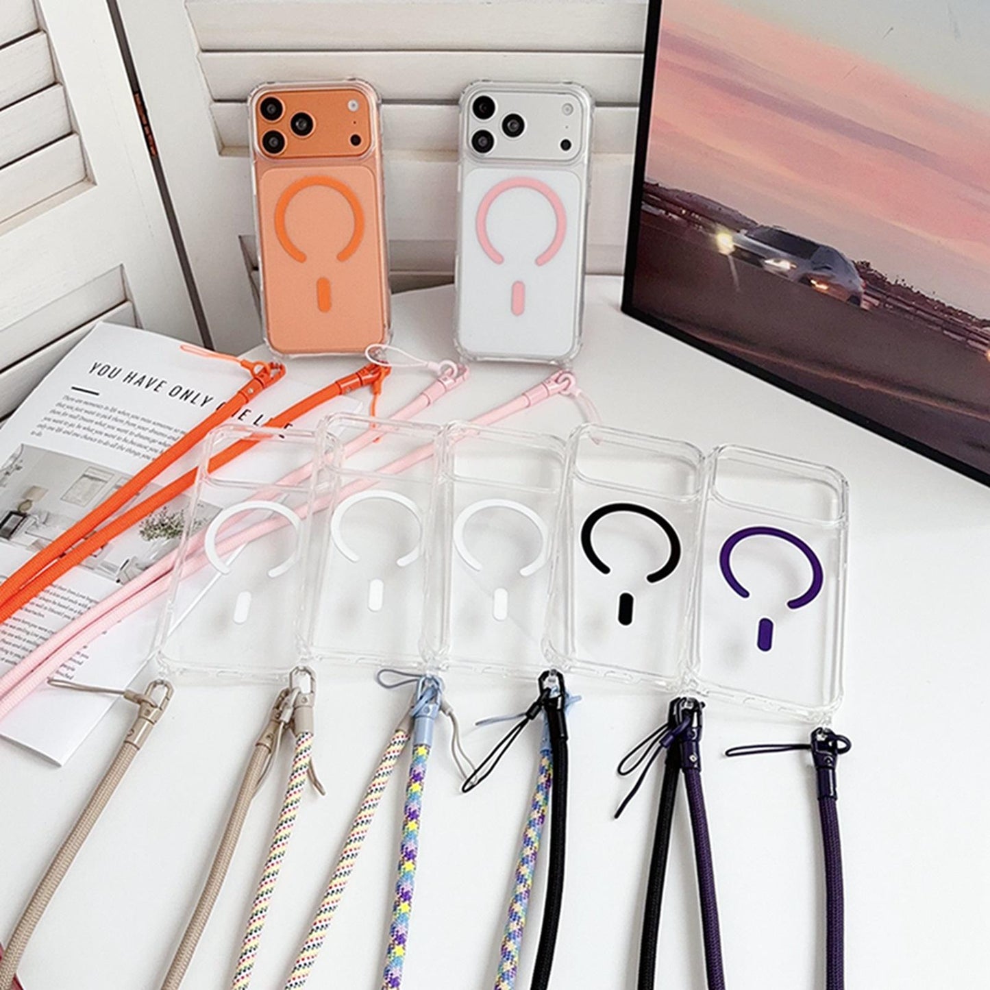 Acrylic + TPU Transparent Magnetic Phone Case with Lanyard For iPhone 15(Pink)
