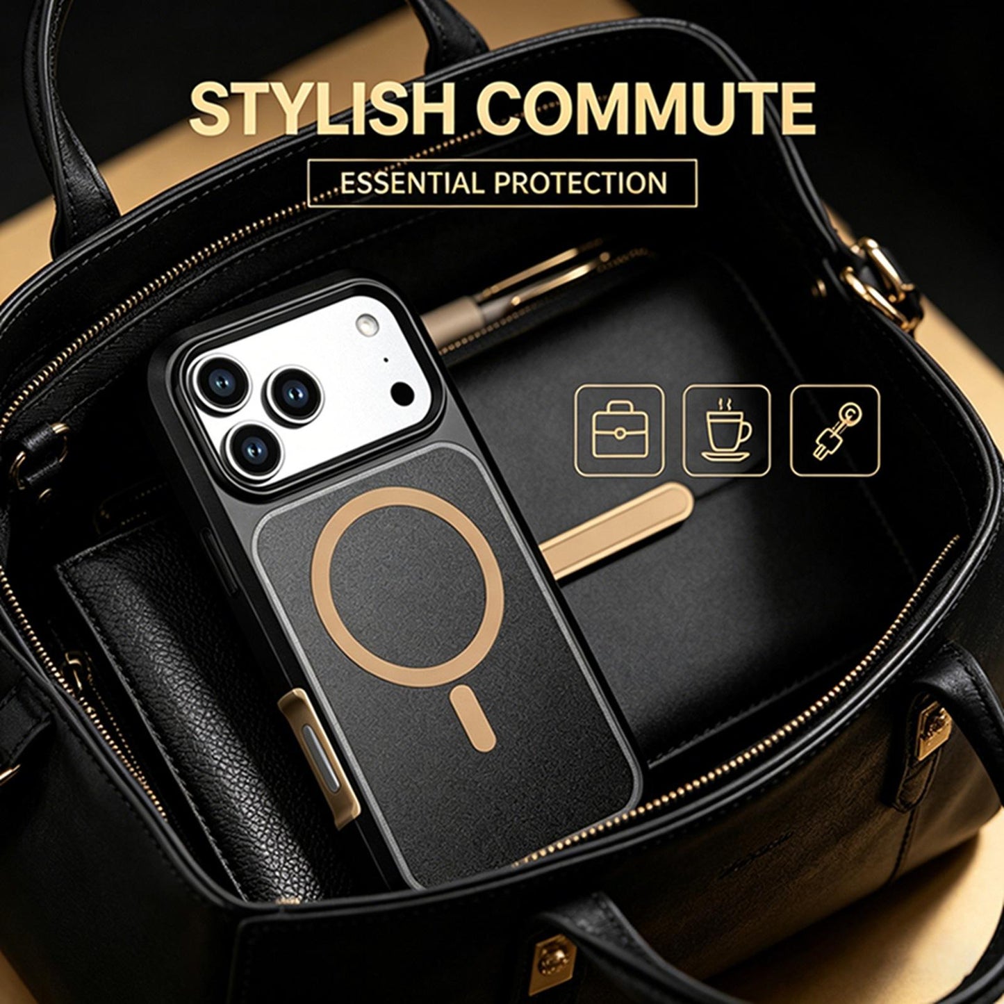 For iPhone 17 Pro Silicone Magnetic Anti-drop Protective Phone Case(Black + Gold)