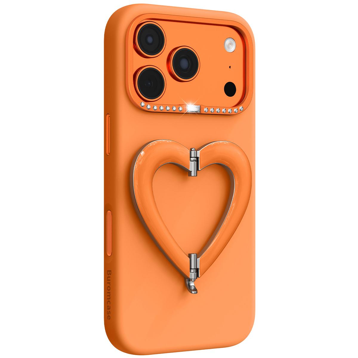 For iPhone 18 Pro Liquid Silicone Metal Heart-Shaped Kickstand Phone Case(Orange)