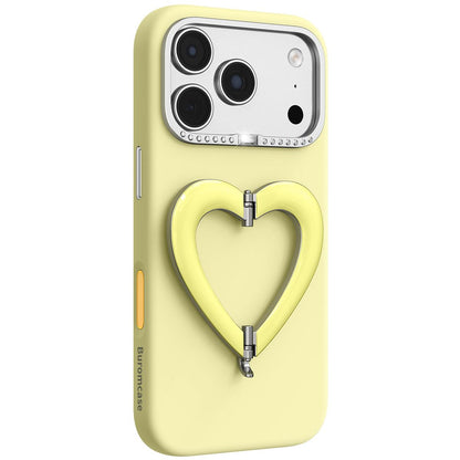 For iPhone 18 Pro Max Liquid Silicone Metal Heart-Shaped Kickstand Phone Case(Yellow)