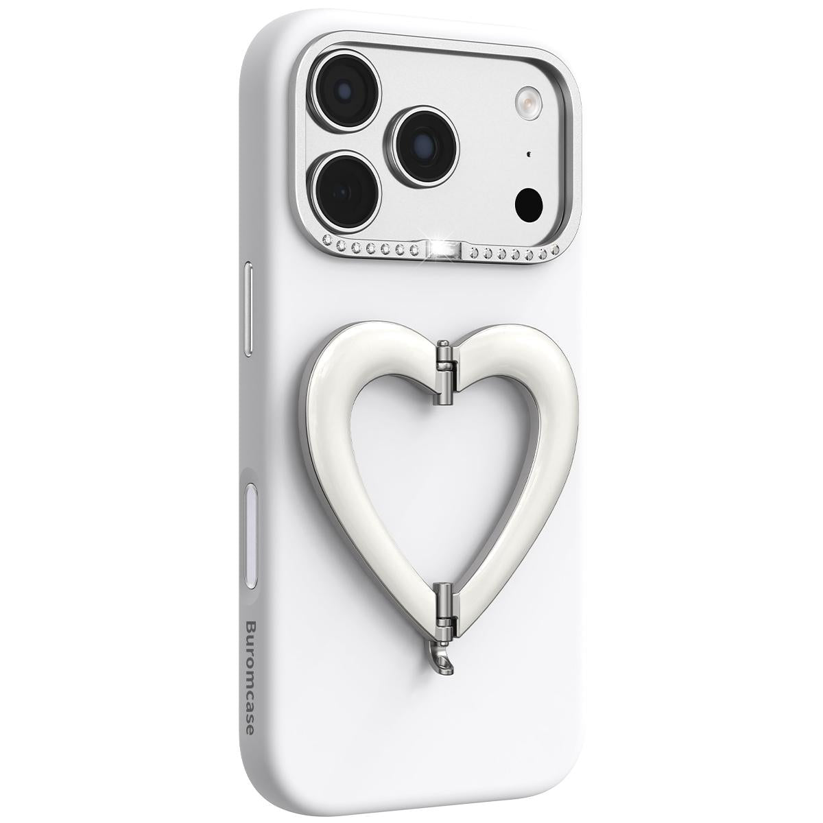 For iPhone 17 Pro Max Liquid Silicone Metal Heart-Shaped Kickstand Phone Case(White)