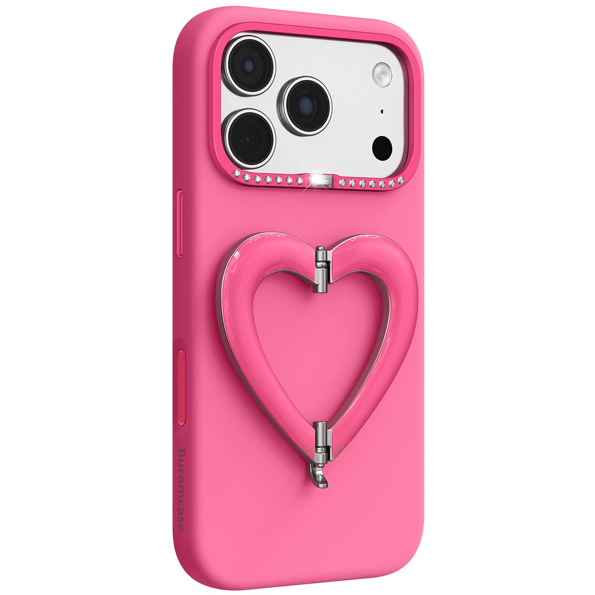 For iPhone 17 Pro Max Liquid Silicone Metal Heart-Shaped Kickstand Phone Case(Rose Red)