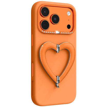 For iPhone 17 Pro Liquid Silicone Metal Heart-Shaped Kickstand Phone Case(Orange)