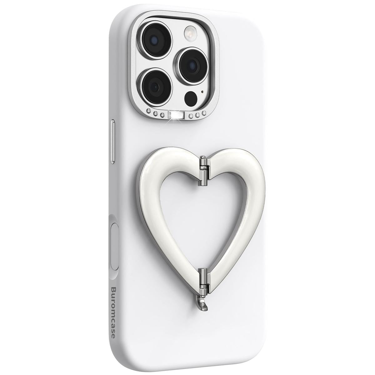 For iPhone 16 Pro Max Liquid Silicone Metal Heart-Shaped Kickstand Phone Case(White)