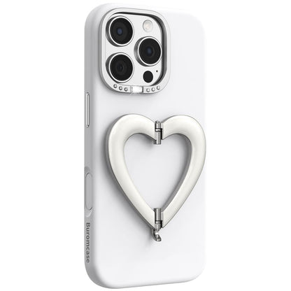 For iPhone 16 Pro Max Liquid Silicone Metal Heart-Shaped Kickstand Phone Case(White)