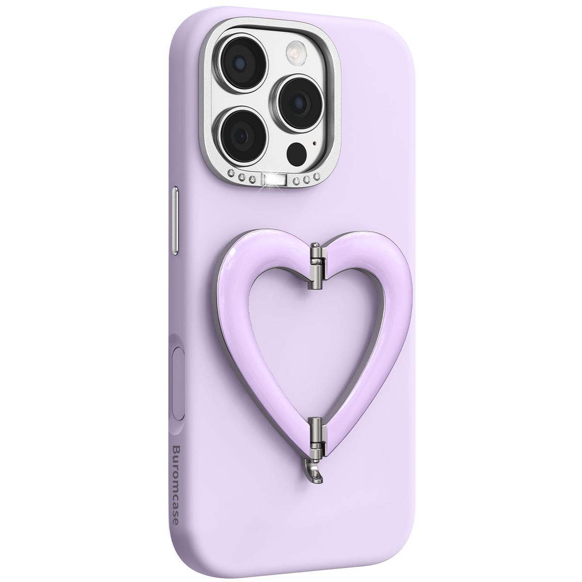 For iPhone 16 Pro Max Liquid Silicone Metal Heart-Shaped Kickstand Phone Case(Purple)