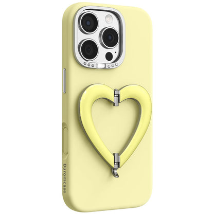 For iPhone 16 Pro Max Liquid Silicone Metal Heart-Shaped Kickstand Phone Case(Yellow)