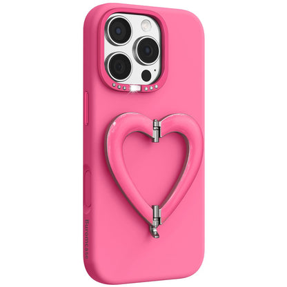 For iPhone 16 Pro Max Liquid Silicone Metal Heart-Shaped Kickstand Phone Case(Rose Red)