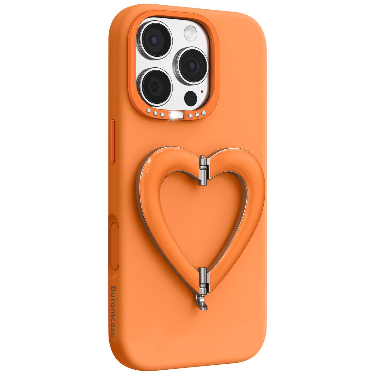 For iPhone 16 Pro Max Liquid Silicone Metal Heart-Shaped Kickstand Phone Case(Orange)