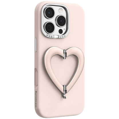 For iPhone 16 Pro Max Liquid Silicone Metal Heart-Shaped Kickstand Phone Case(Pink)