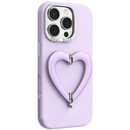For iPhone 16 Pro Liquid Silicone Metal Heart-Shaped Kickstand Phone Case(Purple)