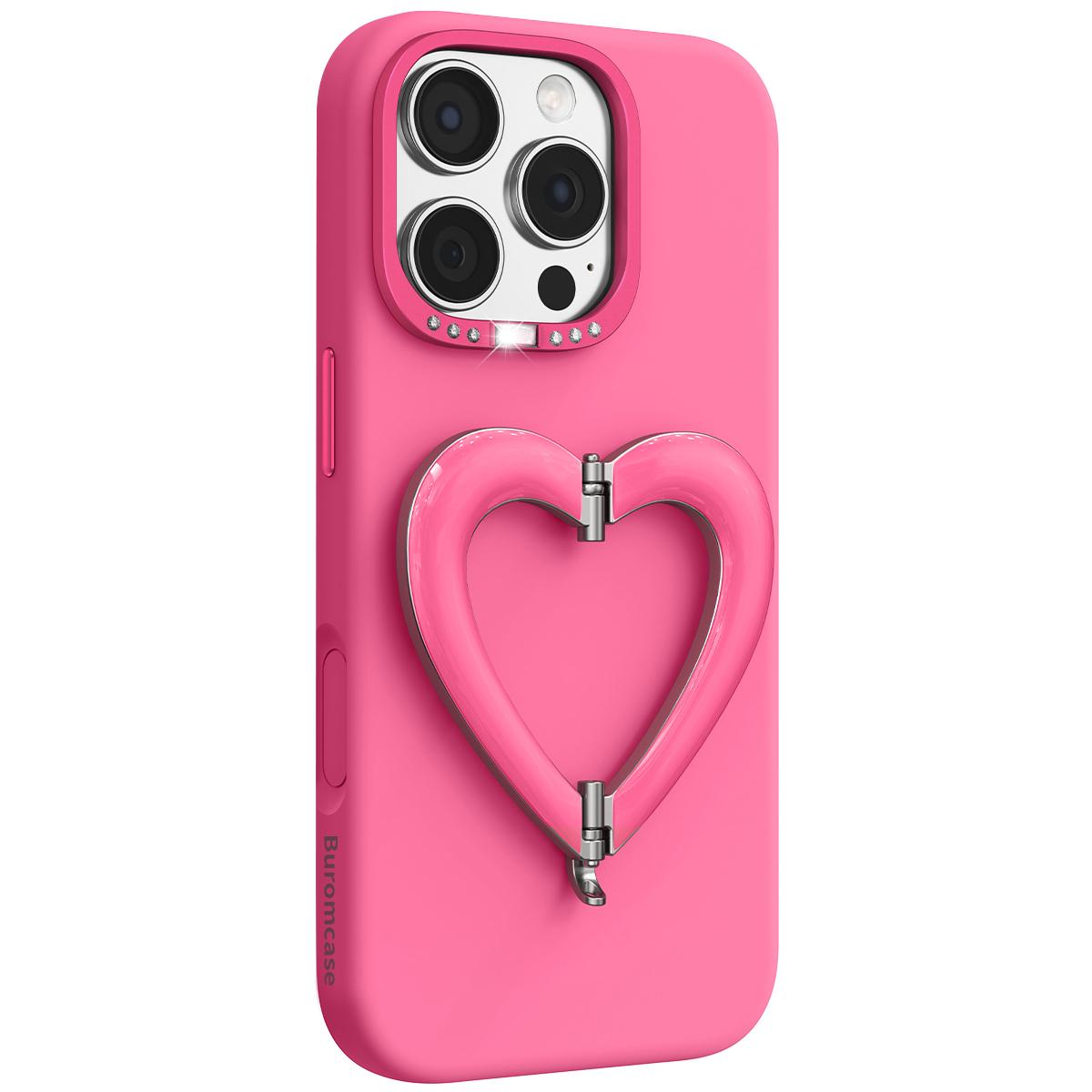 For iPhone 16 Pro Liquid Silicone Metal Heart-Shaped Kickstand Phone Case(Rose Red)
