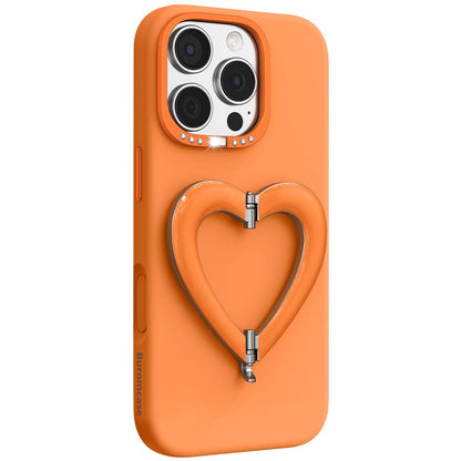 For iPhone 16 Pro Liquid Silicone Metal Heart-Shaped Kickstand Phone Case(Orange)
