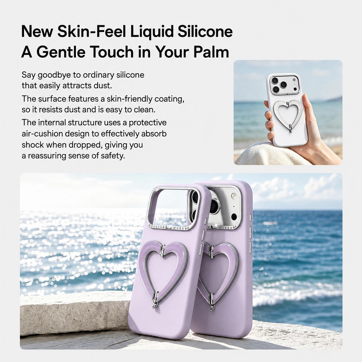For iPhone 18 Pro Max Liquid Silicone Metal Heart-Shaped Kickstand Phone Case(Orange)