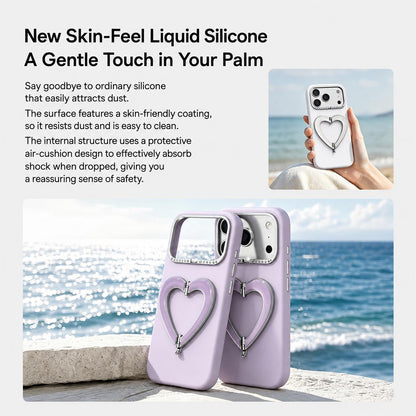 For iPhone 18 Pro Liquid Silicone Metal Heart-Shaped Kickstand Phone Case(Rose Red)
