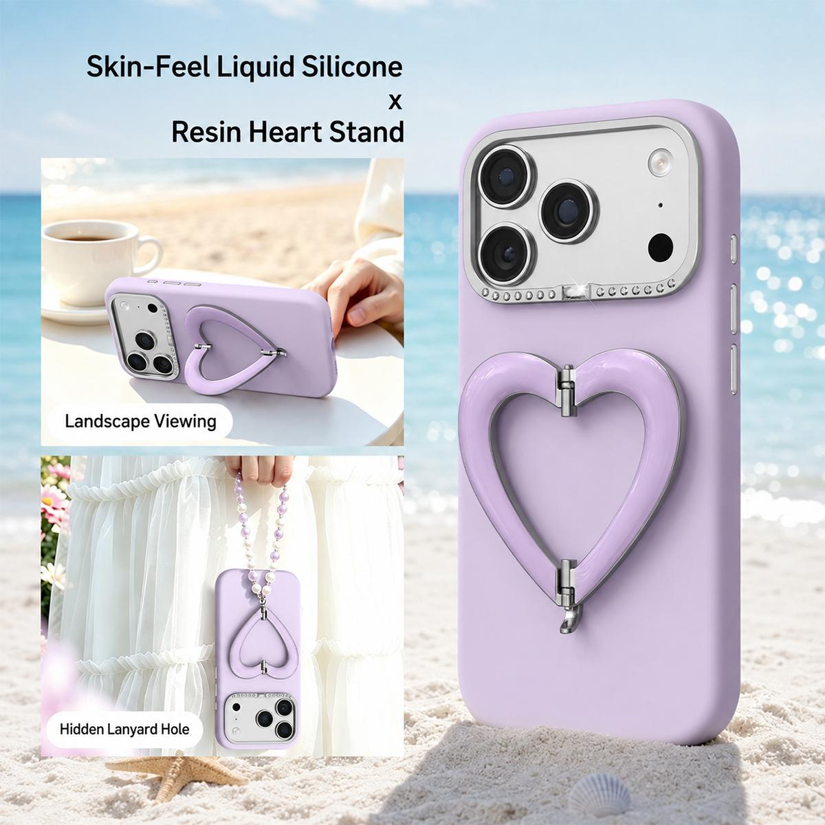 For iPhone 17 Pro Liquid Silicone Metal Heart-Shaped Kickstand Phone Case(Rose Red)