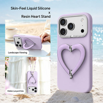 For iPhone 18 Pro Max Liquid Silicone Metal Heart-Shaped Kickstand Phone Case(White)